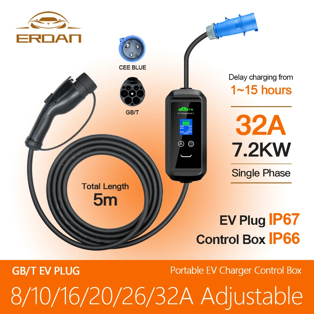 ERDAN 32A 7.2KW caricatore portatile EV caricatore per veicoli elettrici a corrente regolabile Set tempo di ricarica cavo di ricarica GB/T EVSE