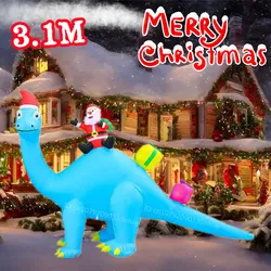 3.1M Long Christmas Inflatable Blue dinosaur carrying Santa Claus with Gift LED Lights Outdoor Courtyard Holiday Decorative Prop