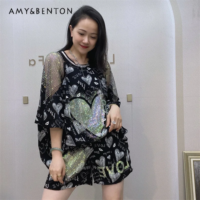 

Summer Short-sleeved Chiffon Oversized T-shirt Shorts Suit Women's Two-piece Sets New Heavy Industry Diamond Drills Y2k Top Tees