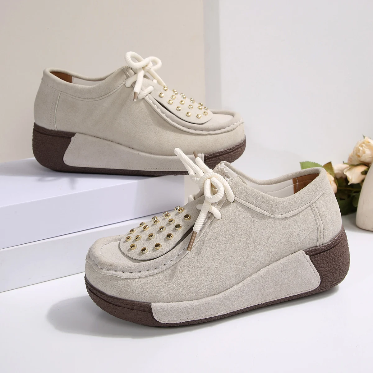 새로운 편안한 여성용 흰색 스니커즈 플랫폼 캐주얼 슈즈 청키 웨지 슈즈 키높이 슬립온