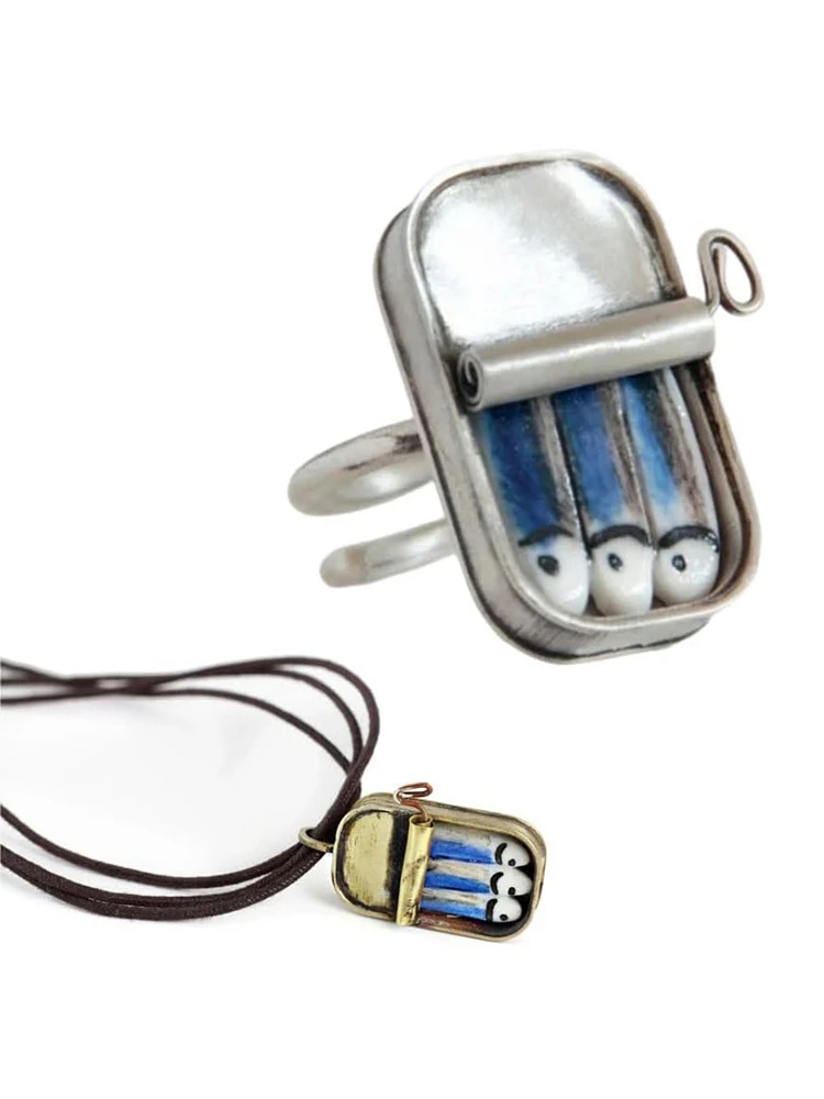 Bague/collier réglable de sardines en conserve, bague amusante en alliage de sardines, cadeau, bague pectorale, ornement de coll
