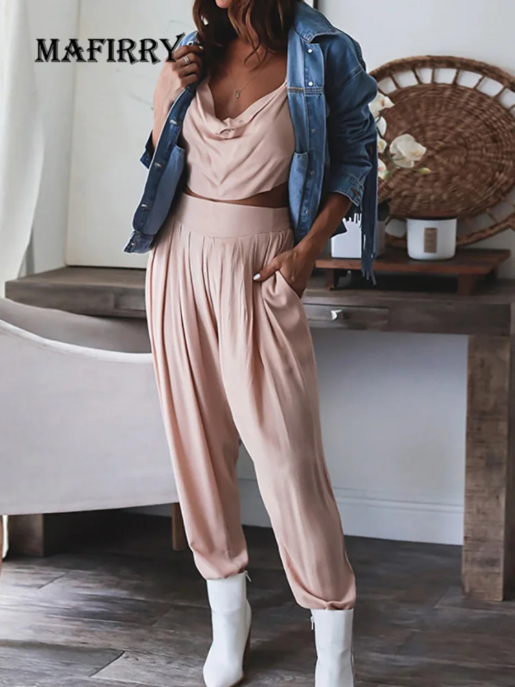 

Backless Women Summer Sleeveless Short Top Pocket Deep V-Neck Solid Matching Set High Elastic Waist Hollow Out Streetwear Outfit