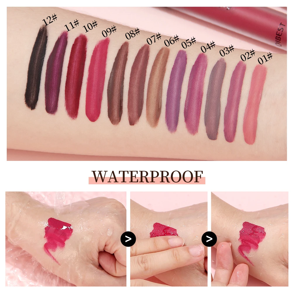 QIBEST Waterproof Matte Nude Lip Gloss 12 Colors Lasting Liquid Lipstick Moisturizing Non-stick Cup Black Red Purple Lip Glaze