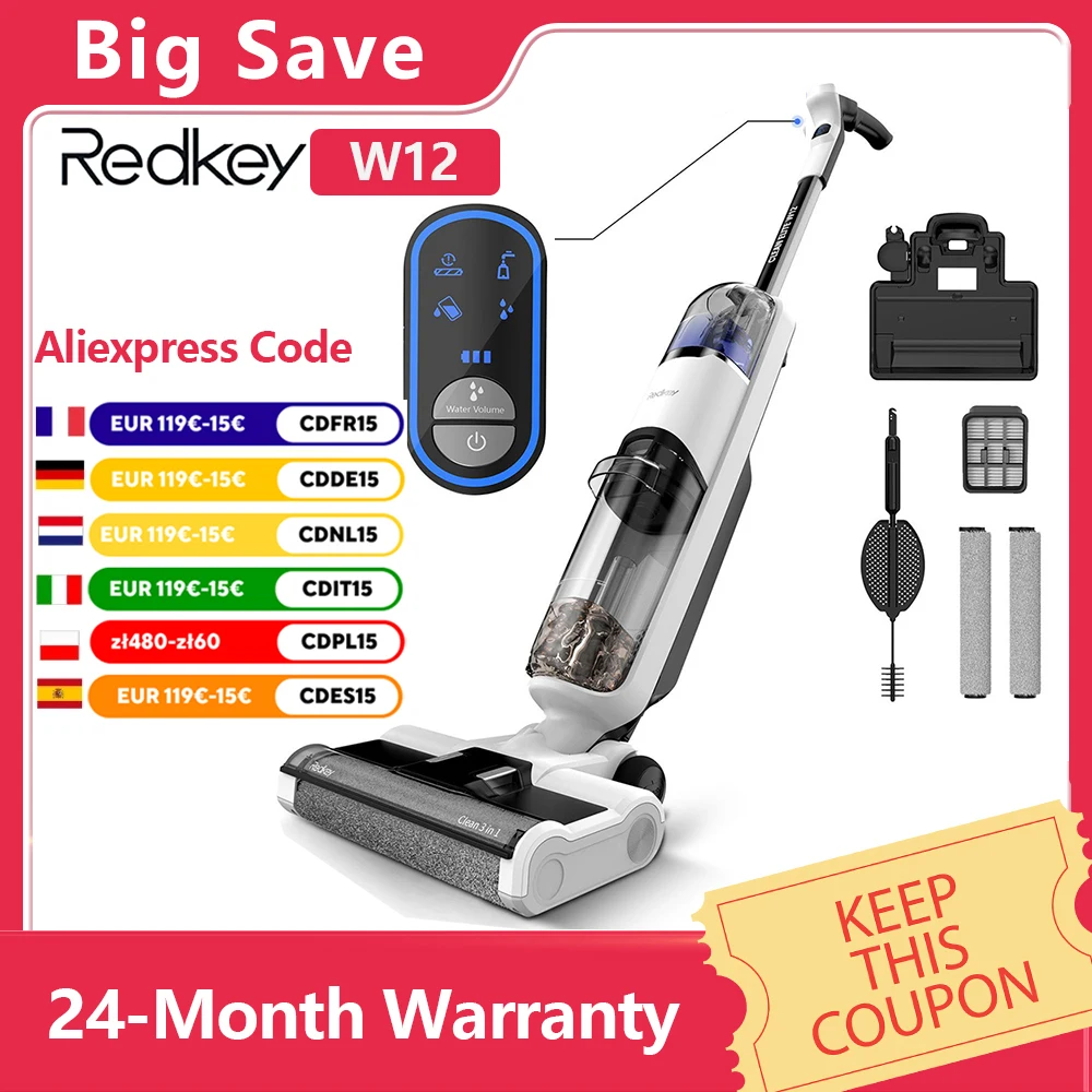 Redkey W12 Wireless Wet Dry Vacuum Cleaner Multi-Surface Smart Cordless Mop Floor Washer Handheld Household Self-Cleaning