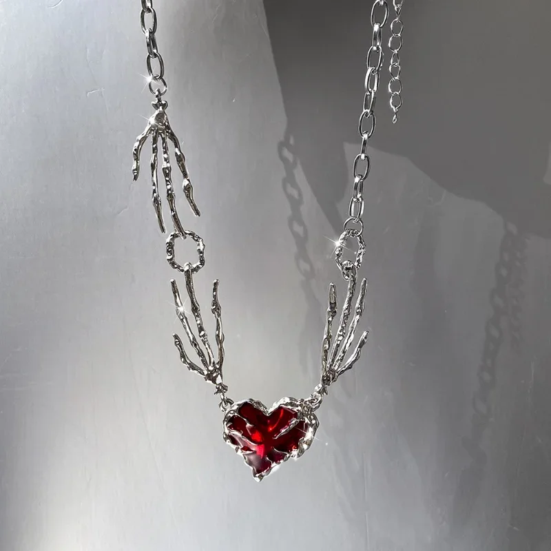 

Heart Design Red Stone Hand Bone Shape Chain Women Men Necklace Ins Design Heart Style Charm Korean Chain Men Women Necklace