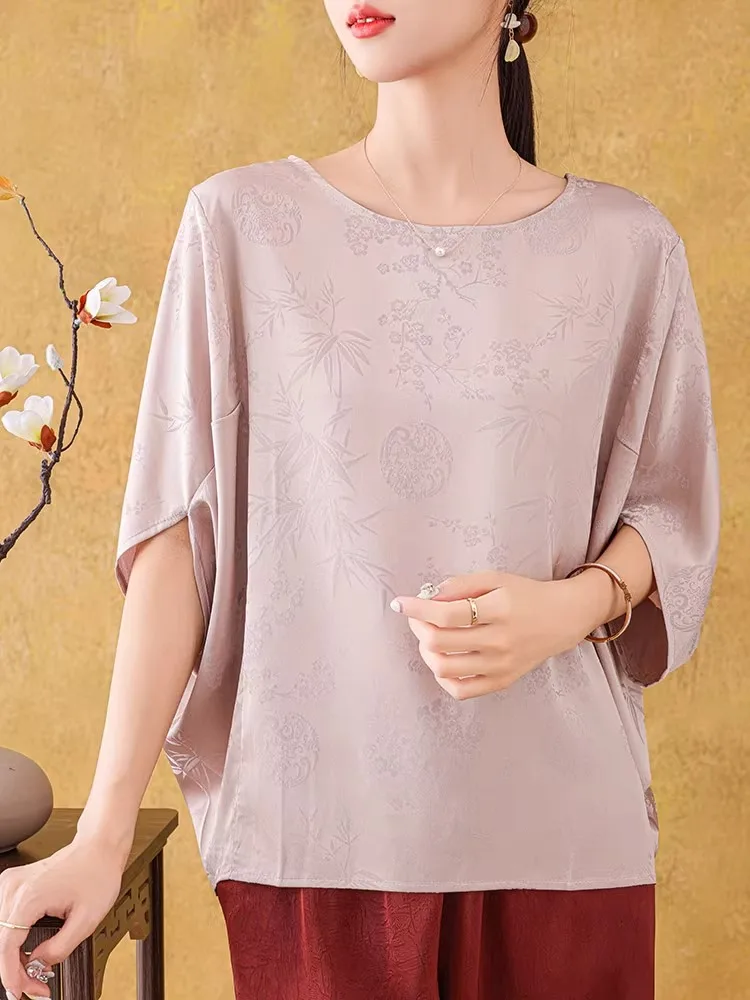 

Summer Lace Acetate Satin Loose Fit Tee Quarter Batwing Sve Women's T irt Thin Top Outerwear Casual Commute Sle