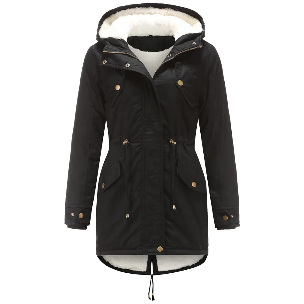De la saison automne hiver nouvelle veste en coton pour femmes à capuche couleur unie épaissi polaire doublé coton manteau Long Sle...