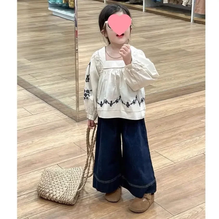 

Korean Style Sweet Square Collar Doll Shirt Loose Jeans Spring New Arrival Children's Clothing Set for Girls Comfortable Fit