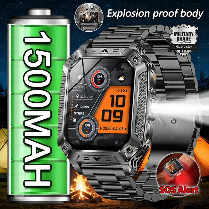New 1500mAh Military Outdoor Smartwatch For Men LED Flashlight IP69K Waterproof GPS Sports 2.01-inch Bluetooth Call Smart Watch