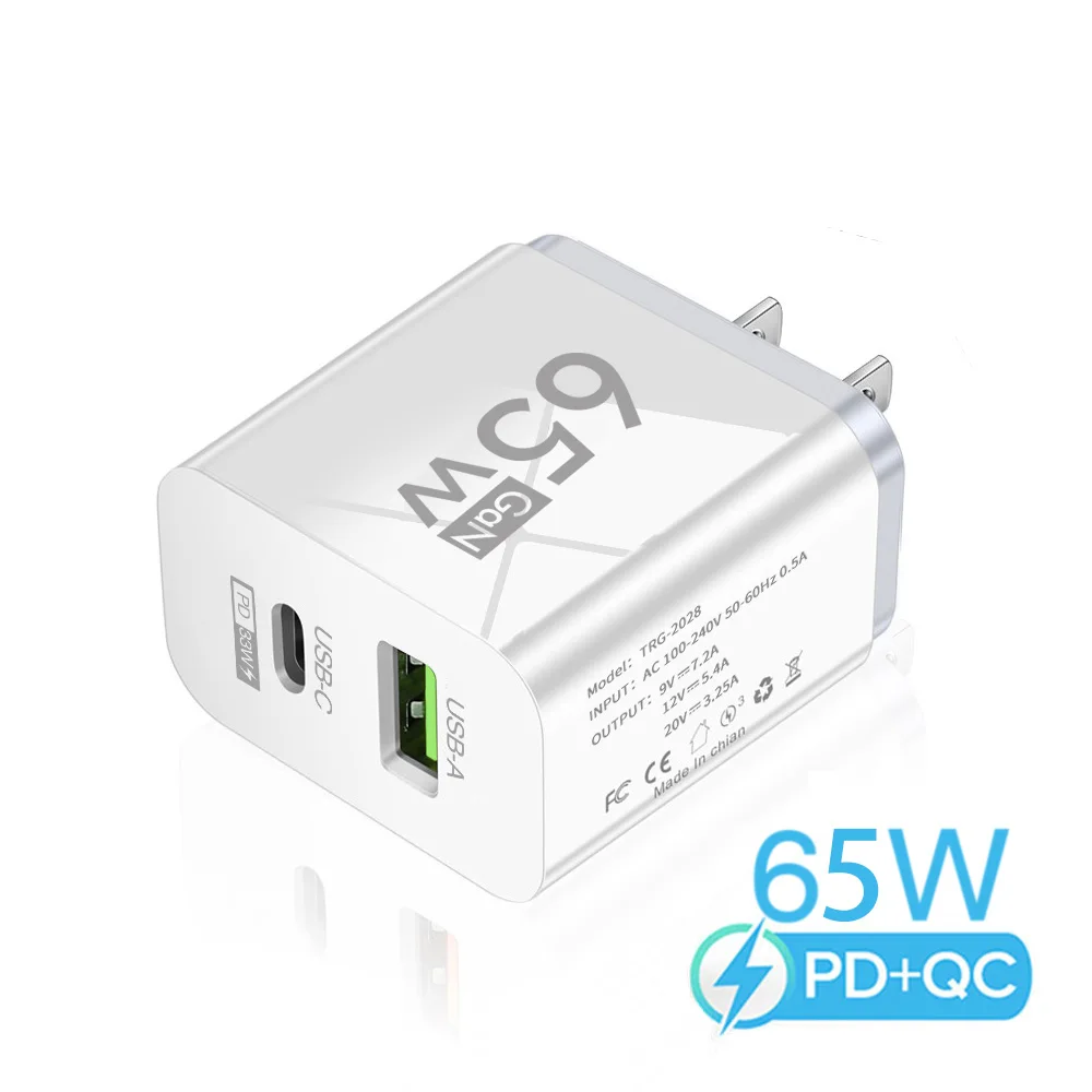 65W GaN Schnellladegerät USB-C USB-A Dual-Port PD3.0 Quick Charge Adapter für iPhone Samsung Xiaomi Laptop EU US Stecker Reise