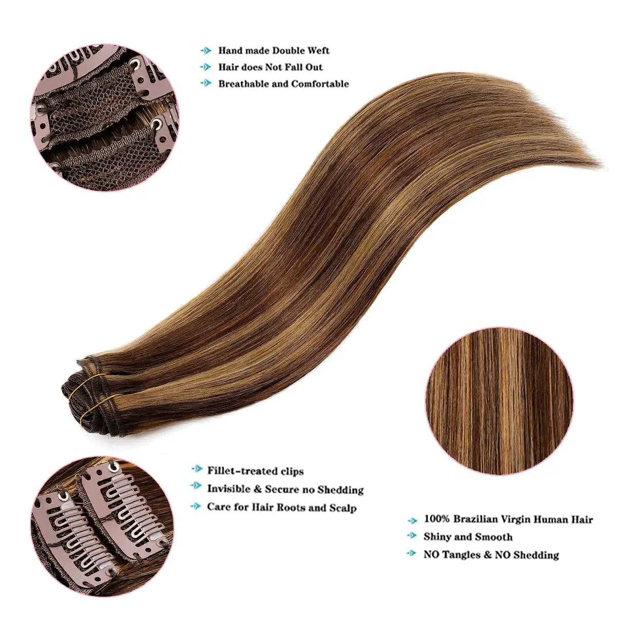 Clipe de trama duplo em extensões de cabelo, cor destaque, cabelo humano real reto, extensão Clip Ins, 120g por pacote, 8 Pcs, #4, 27