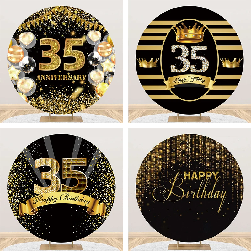 

Happy 35th Birthday Round Backdrop for Woman Man 35 Years Party Black Gold Glitters Decorations Circle Elastic Photo Background