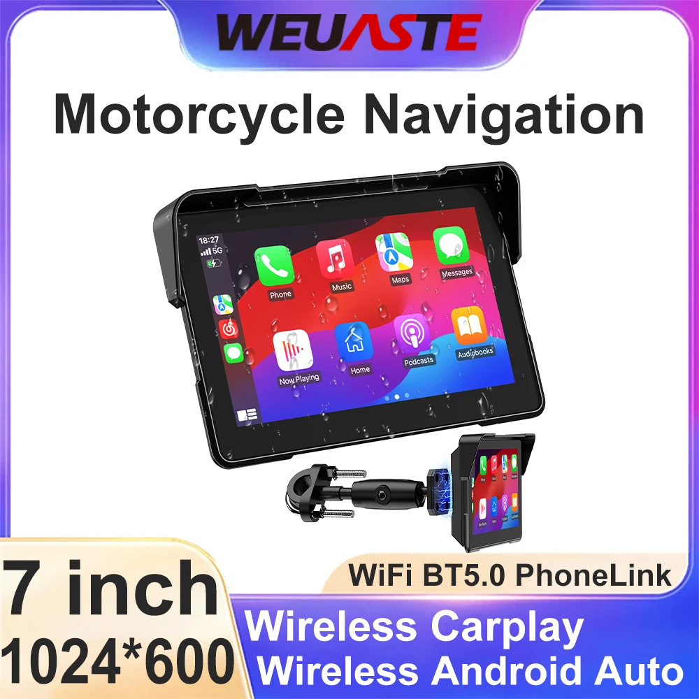 WEUASTE Wireless CarPlay Moto Android Auto 7 inch Portable Digital Motorcycle Dashboard GPS Navigation Monitor Motorcycle Parts