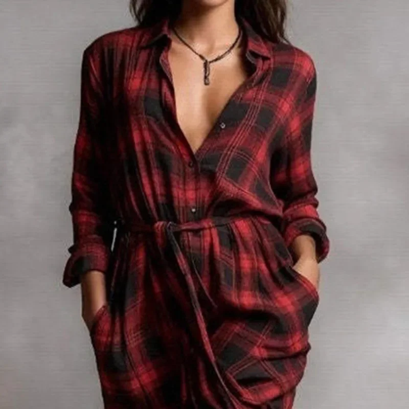 New Retro Plaid Print Loose Split Long Dresses Elegant Turn-down Collar Button Shirt Dress Woman Casual Long Sleeve Autumn Dress