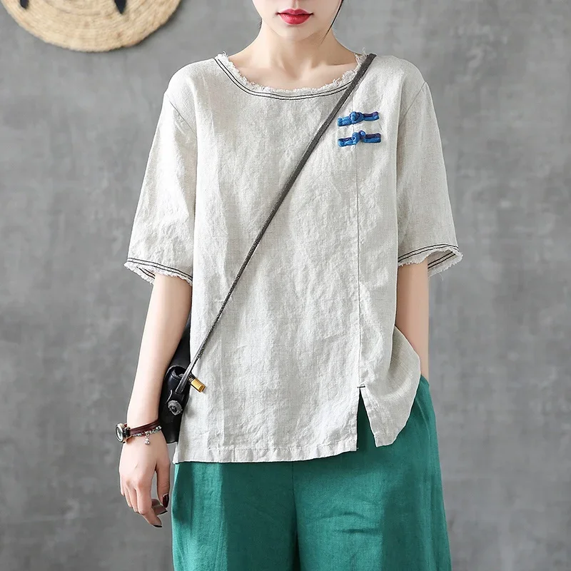 2024 New Woman Chinese Top Summer Casual Half Sleeve Split Blouse National Chinese Style Tang Suit For Women 10413