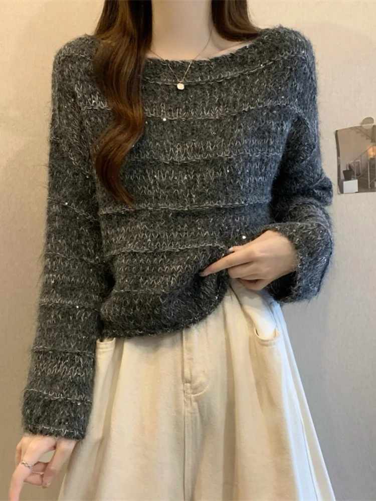 

Свободный вязаный свитер Lazy Sle, женский длинный светящийся топ ilihang 2200, осень-зима, теплый круглый свитер из полиэфирного волокна Ne