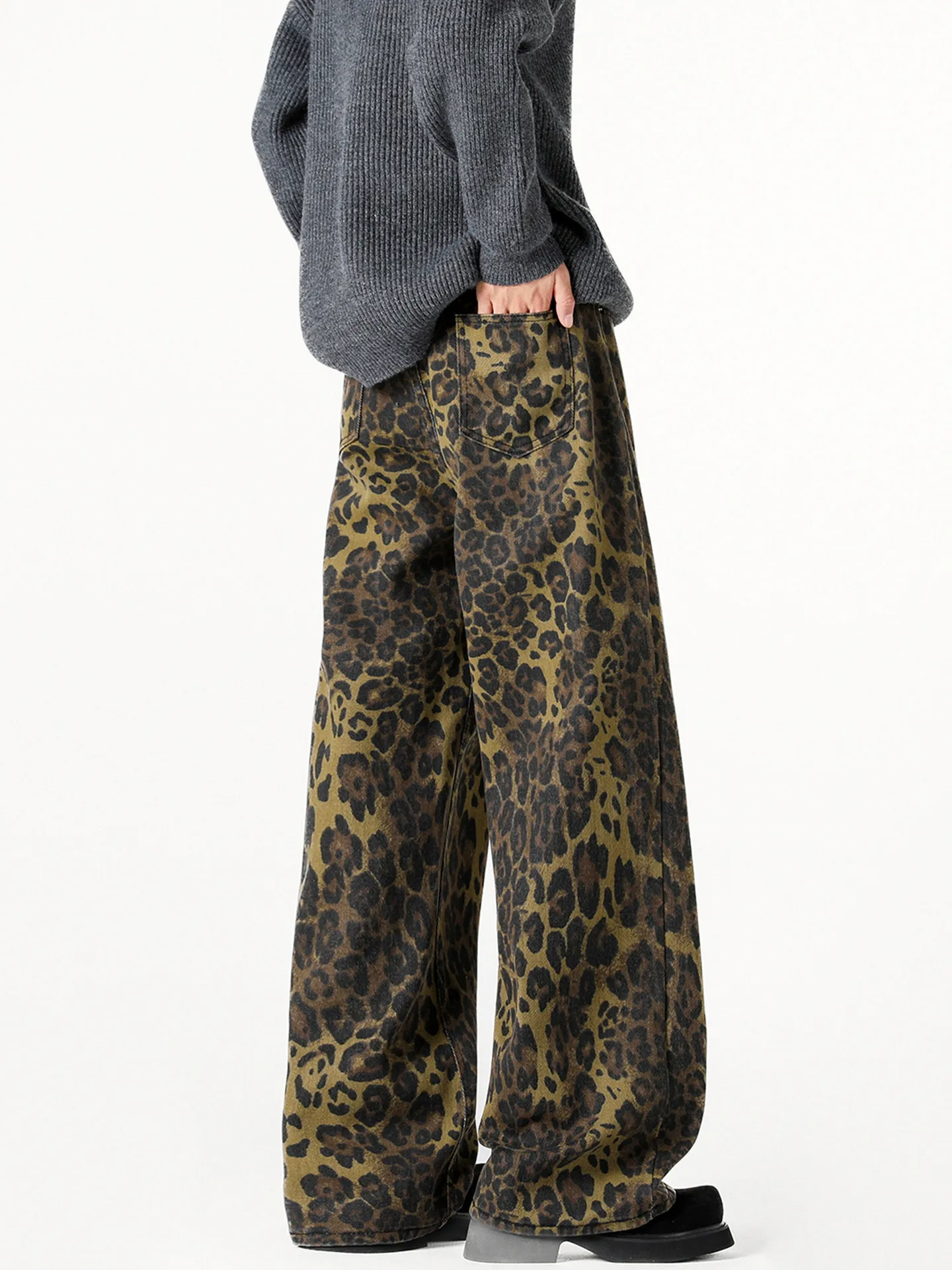 American Street Style Leopard Print Jeans Autumn Casual Fashion Retro Loose Men Wide Leg Trendy Denim Pants