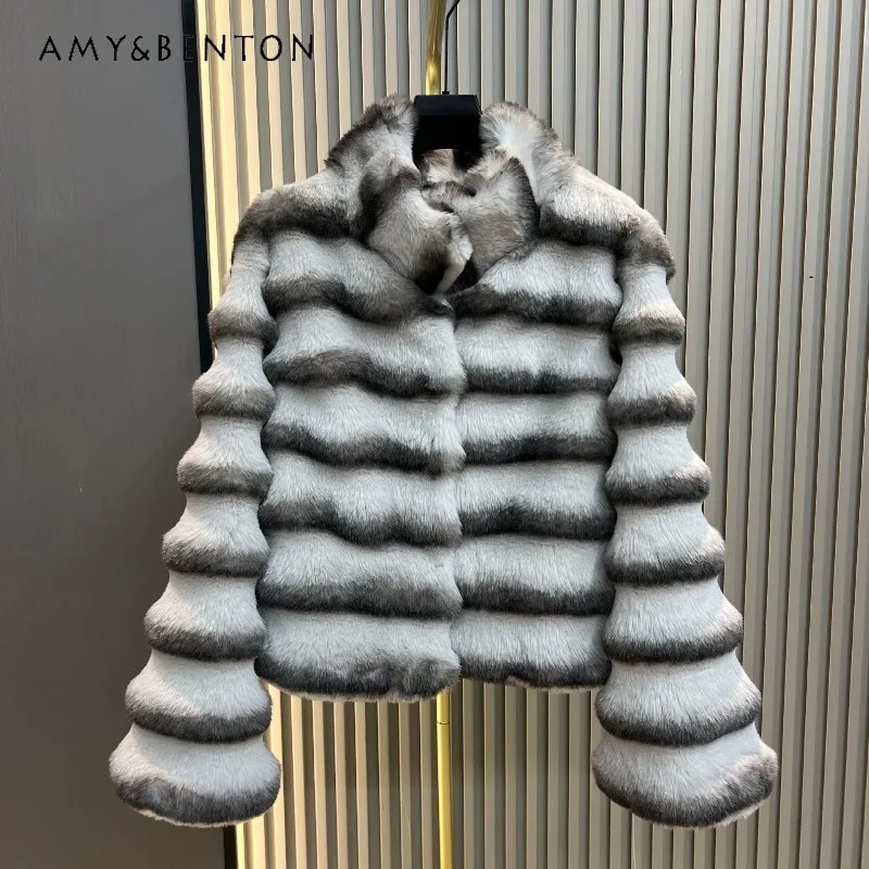 

Comfortable Long-sleeves Faux Rex Rabbit Fur Coat Ladies 2025 Autumn Winter New Short Stand Collar Thickened Warm Furry Jacket