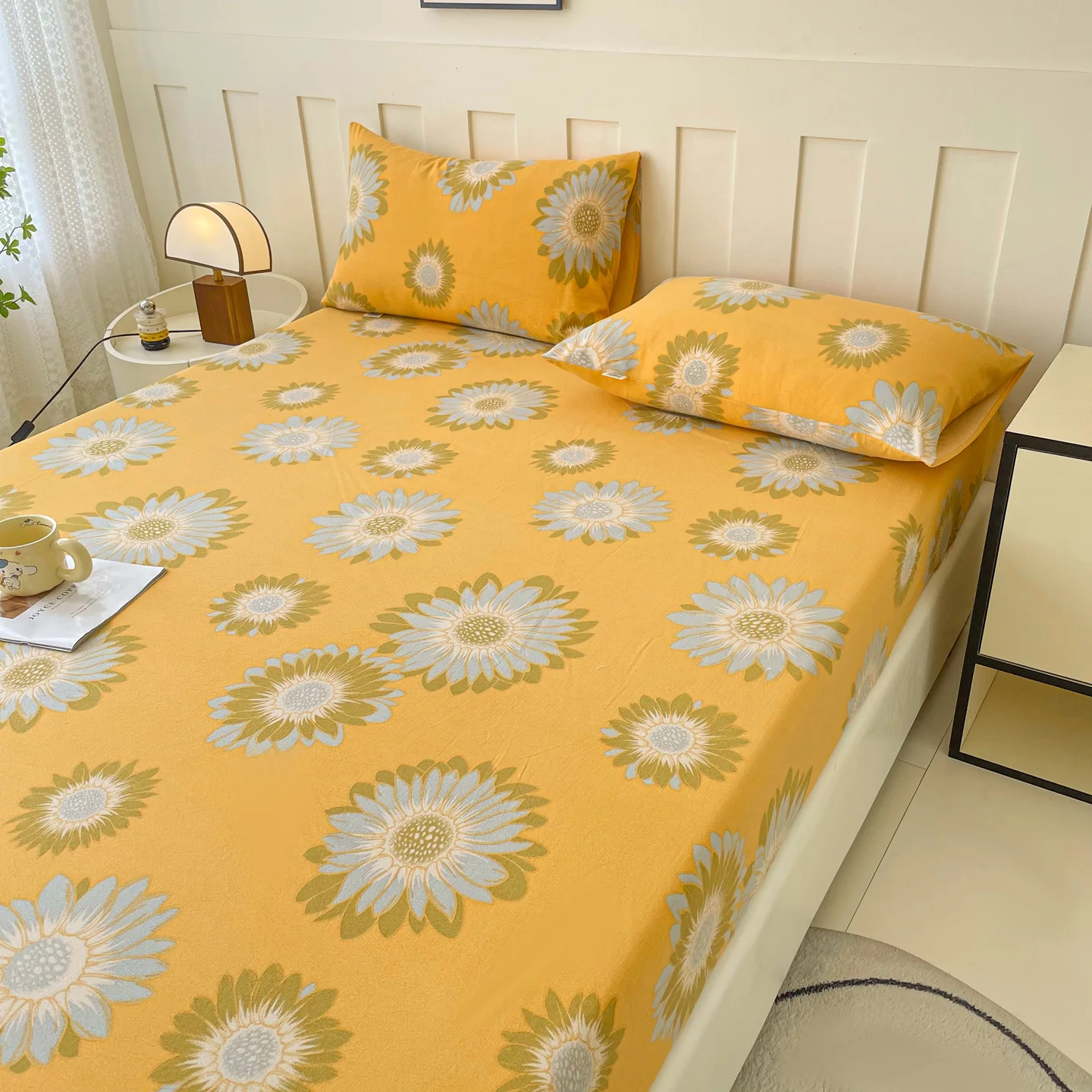 ملاءة من القطن المغسول مع أشرطة مرنة، غطاء مرتبة قابل للتعديل غير قابل للانزلاق، مطبوع من القطن الخالص لـ Double King Queen