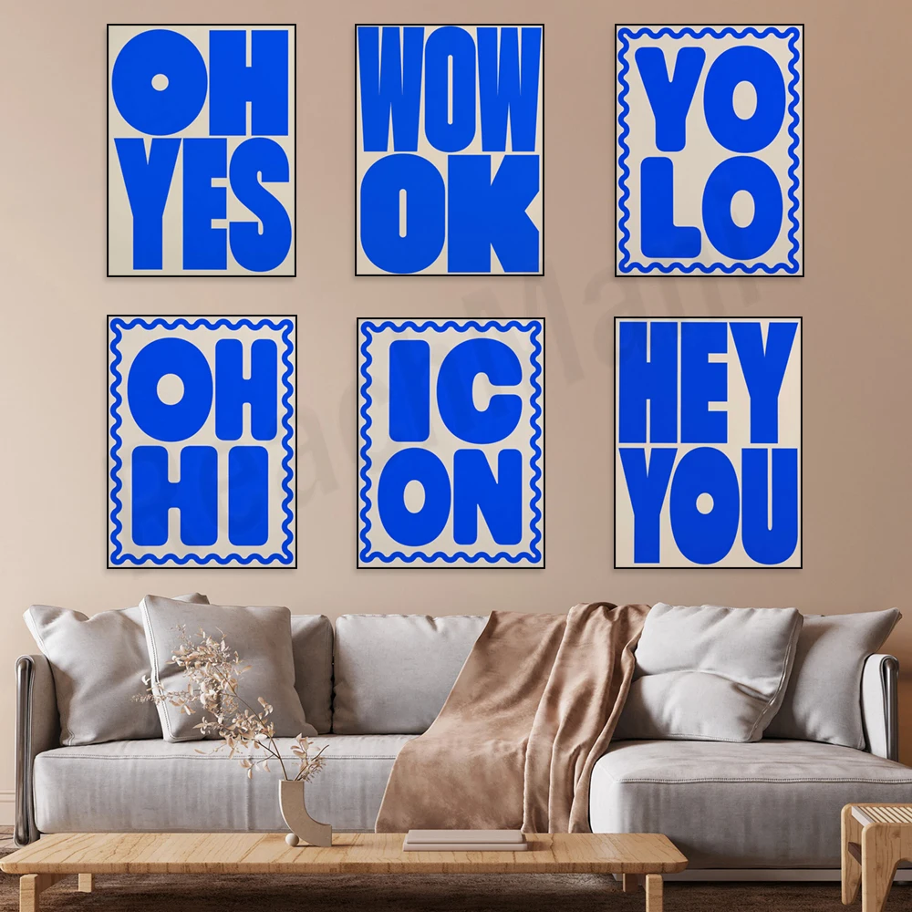 Ohio font, Hello, Oh Yeah font prints, striking blue geometric letters, modern minimalist art office decoration posters.