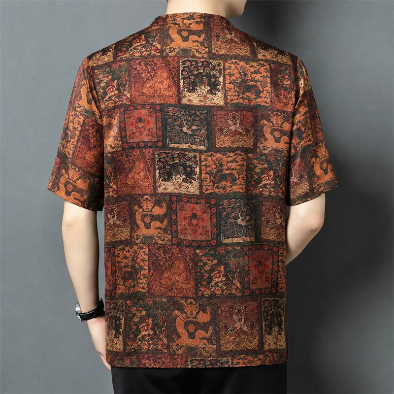 Lightweight Coolness T Shirt For Men Short Sleeve Real Silk 100% Summer Quality Gambiered Canton Gauze Print Camisetas De Hombre