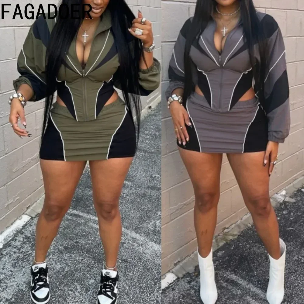 

FAGADOER Color Block Two Piece Set For Women Casual Zip Lantern Sleeve Irregular Crop Jacket + High Waist Skirts Suit Streetwear