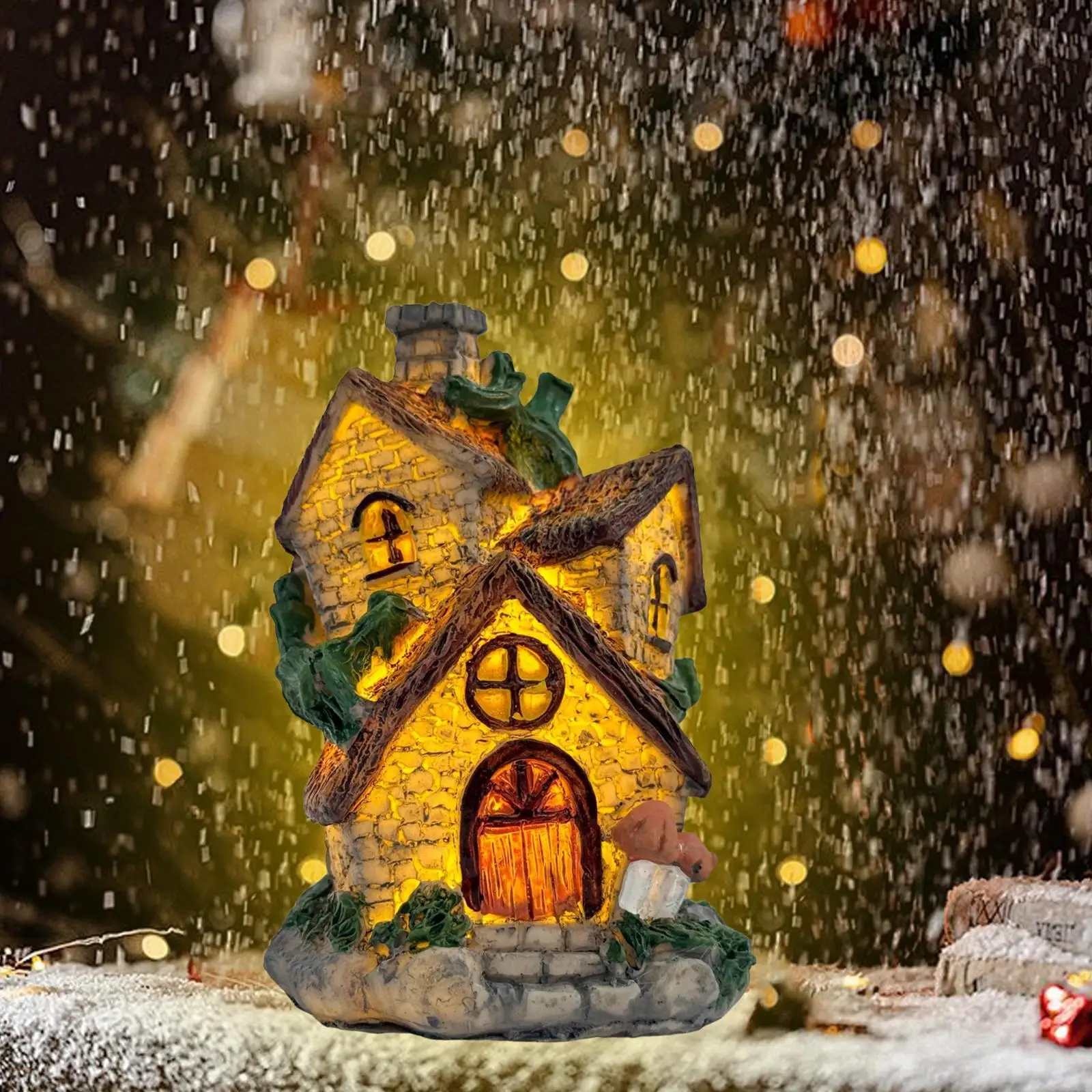 Christmas House Illuminated Town Scene Resin Figurine Collection Mini Tabletop Model for Festival Office Bedroom Party Wedding
