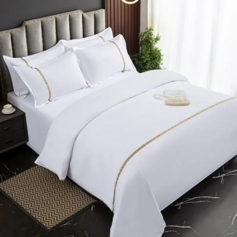 New 140g twill thickened hotel four-piece hotel linen pure white single quilt set webbing hotel bed and breakfast