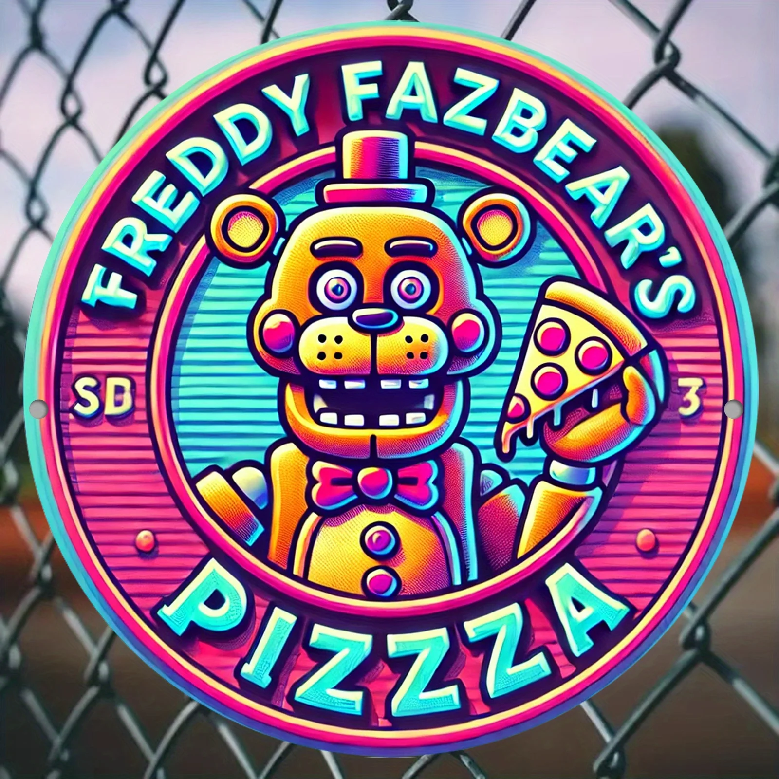 Panneau rond en aluminium Freddy's Pizza Fantasy 2D – Art mural en métal vintage, imprimé HD, étanche et anti-poussière, parfait pour la maison, Ga