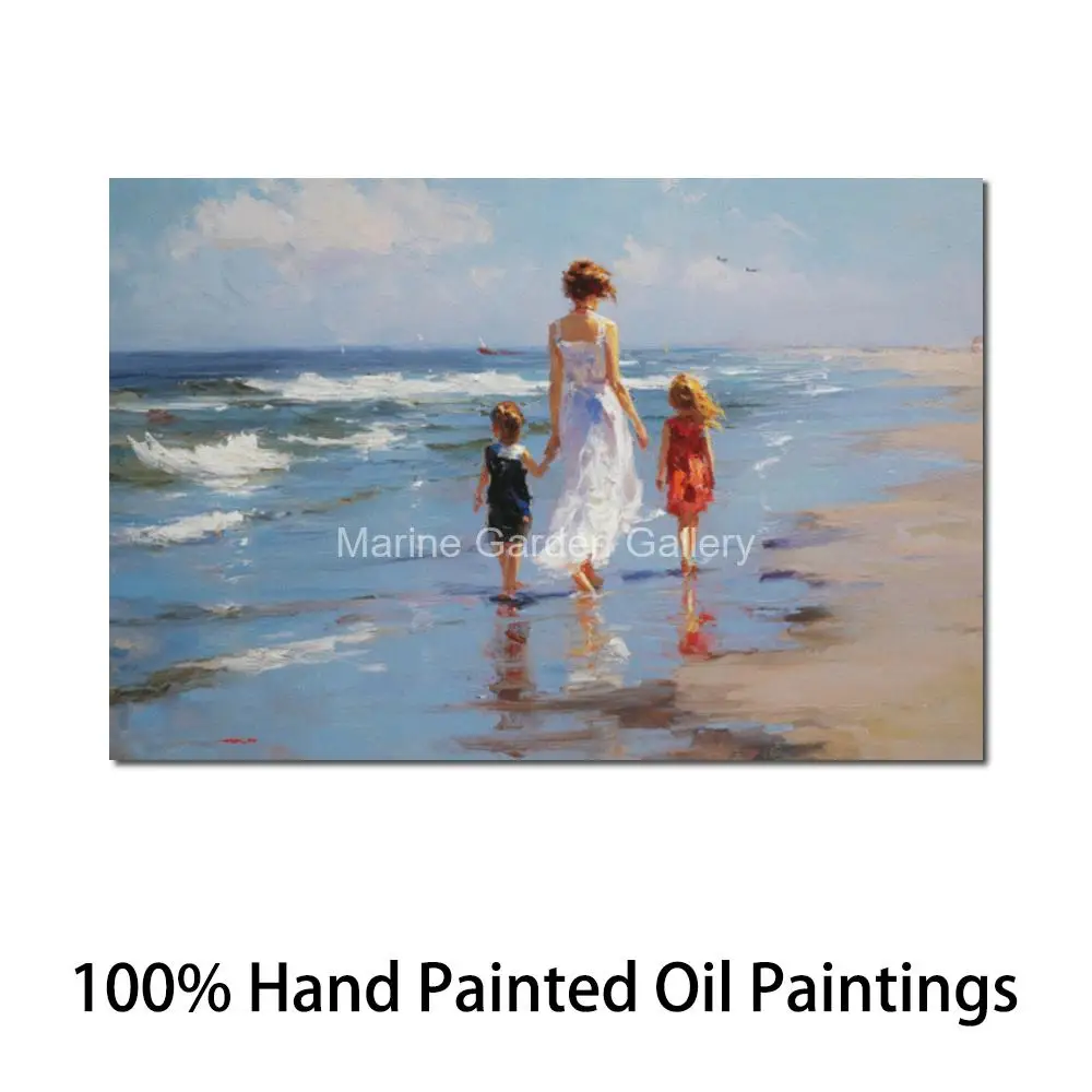 

Large Beach Oil Painting Mother and Children Walking Hand Painted Seascape Canvas Art Large Contemporary Living Room Wall Decor