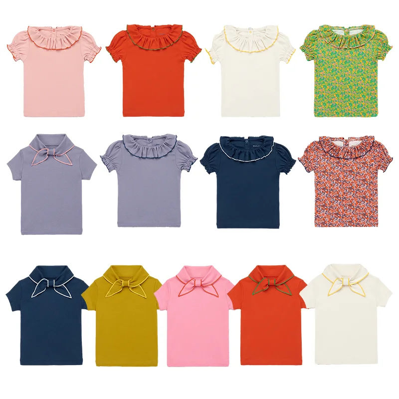 T-shirt à manches courtes en pur coton pour enfants, haut à revers avec nœud, vêtements pour garçons et filles, maison, été, 24MP