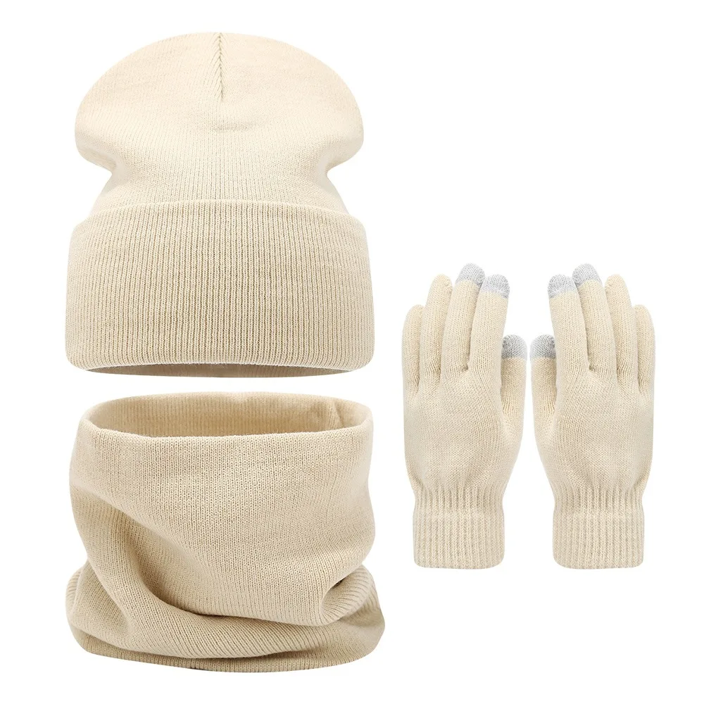 3Pcs/Set Warm Winter Hat Scarf Gloves Set Thicken Windproof Scarf Neck Warmer Elastic Soft Knit Beanie Snood Set for Men Women