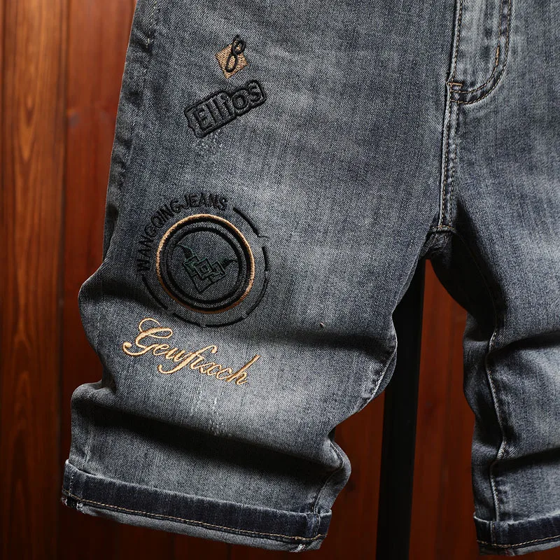 2025 New Summer Thin Denim Shorts Men's Trendy Embroidered Printed Light Luxury High end Fashion Pentagram Pants