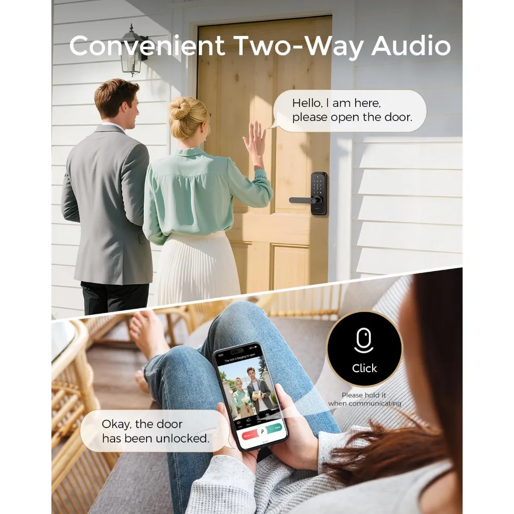 Bloqueio inteligente de vídeo WiFi com câmera e alça - entrada sem chave 6 em 1 (impressão digital/aplicativo/teclado/FOB/chave/câmera), WiFi integrado, 2 vias