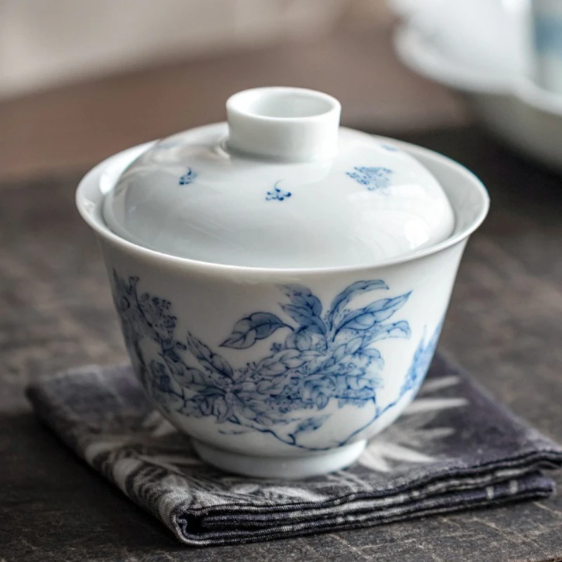 Antique Blue White Porcelain Gaiwan Hand Painted Jasmine Flower Ceramic Chinese Gongfu Tea Set Home Brewing Lidded Tea Bowl