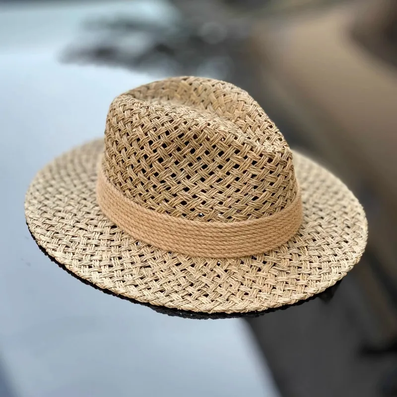 Straw hat for both men and women with large head circumference natural seaweed woven top hat with wide rim for sun protection