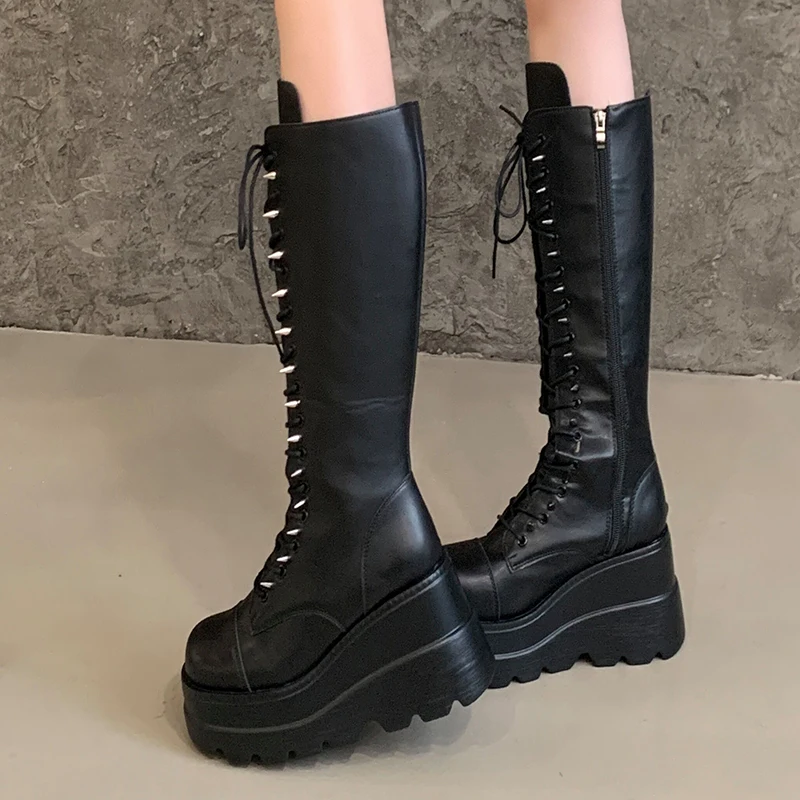 

10cm High Heels Boots Black Wedges Shoe Winter Lace Up Woman Boots Knee High Platform Chunky Shoes Gothic Ladies Heels Size 43