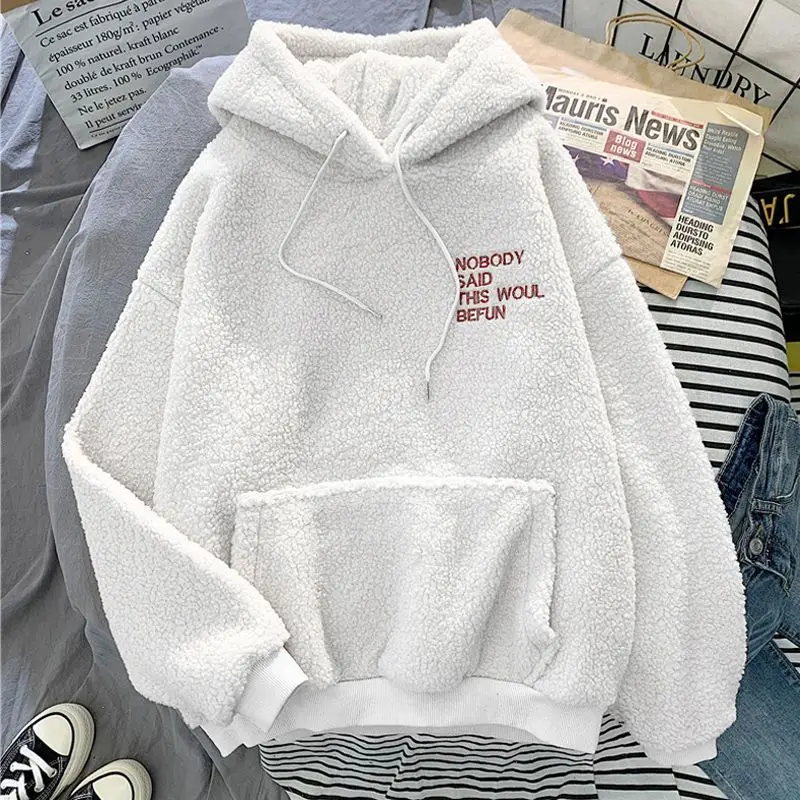 New Autumn Winter Plush Thickened Lamb Fleece Simple Solid Hooded Sweater Women's Fashion Korean Loose Long Sleeve Coat