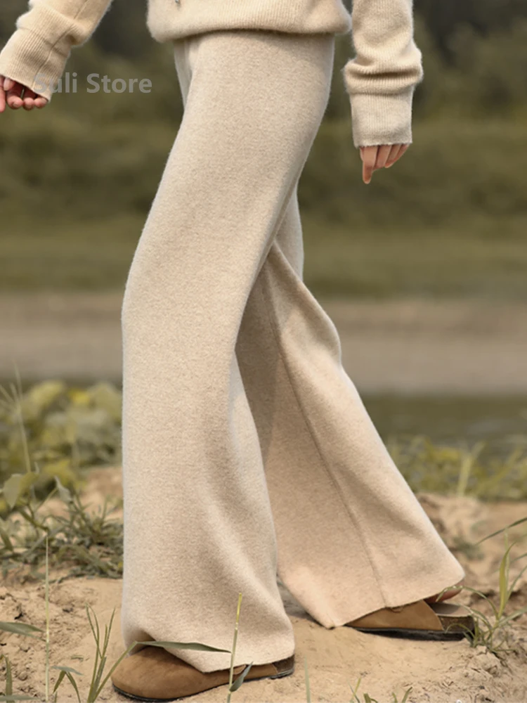 Retro Knitted Wide-Leg Pants for Women Autumn and Winter Thickening Vertical Soft Glutinous Casual Straight Pants Mop Trousers