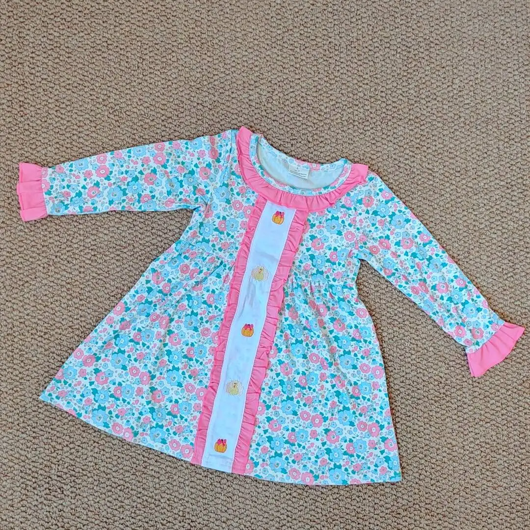 

9.26 Baby Girls Winter Dresses Embroidery Baby Girls Floral Turkey Pumpkins Knee Length Dresses