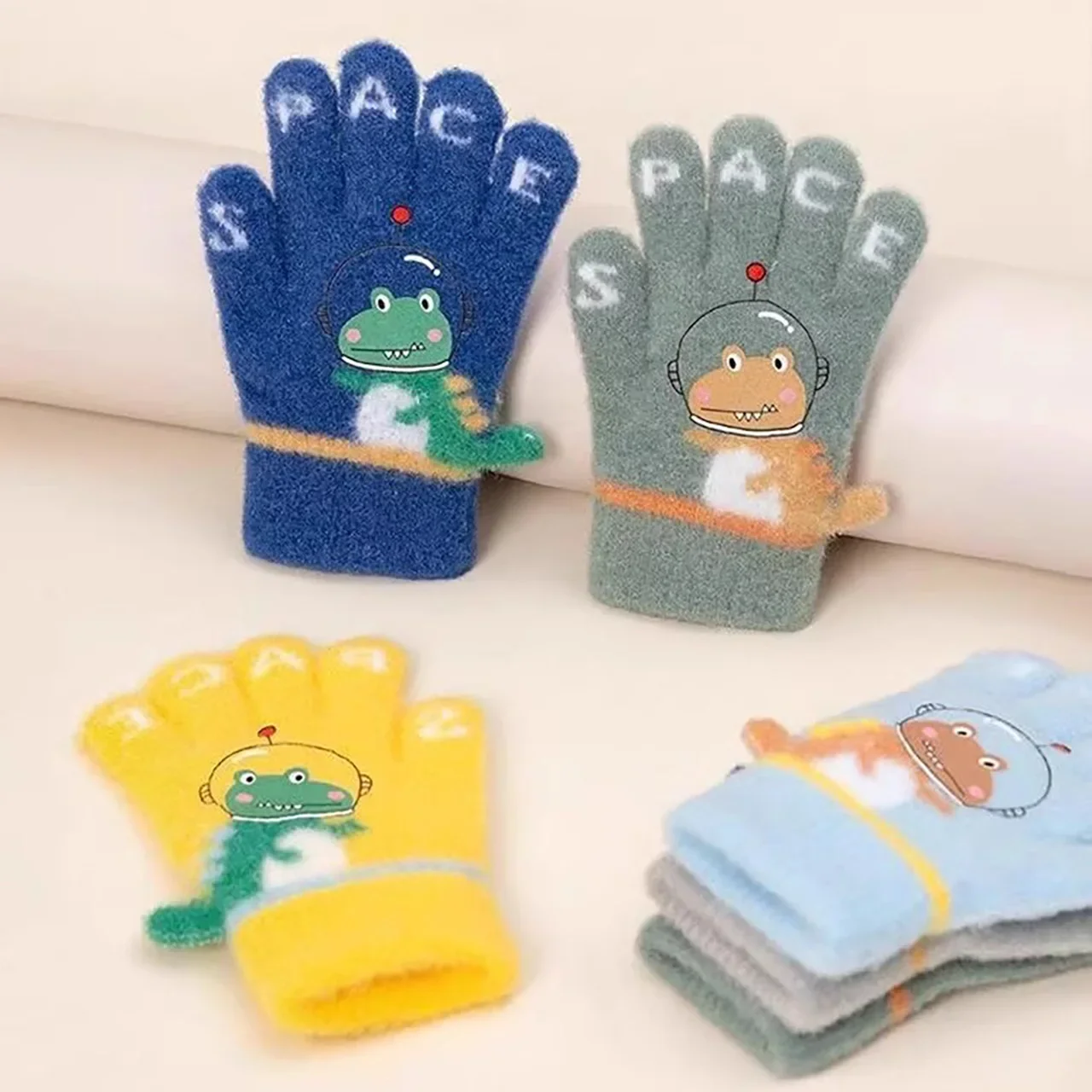 الكرتون ديناصور الطفل قفازات الشتاء محبوك القفازات الدافئة للبنين بنات يندبروف مكافحة البرد الاطفال قفازات كاملة الأصابع