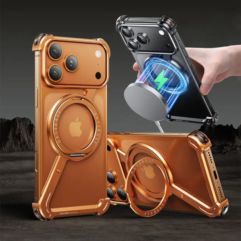 

Магнитный металлический бампер для iPhone 17 Pro Max Magsafe 360 ° Поворотный держатель, безрамный противоударный чехол для iPhone Air 17Pro