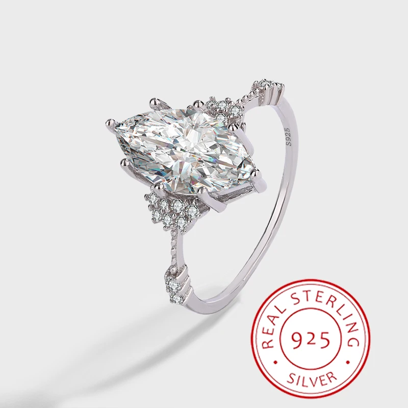 

French Retro Authentic S925 Silver Rhombus Large Crystal Zircon Beautiful Proposal Engagement Ring