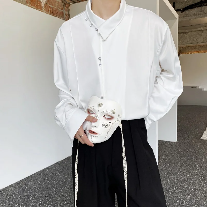 

Spring New Chinese Sle Men's irt Pure Color Satin Long Sve Design Sense Button Stand Collar Dra Feeling irt