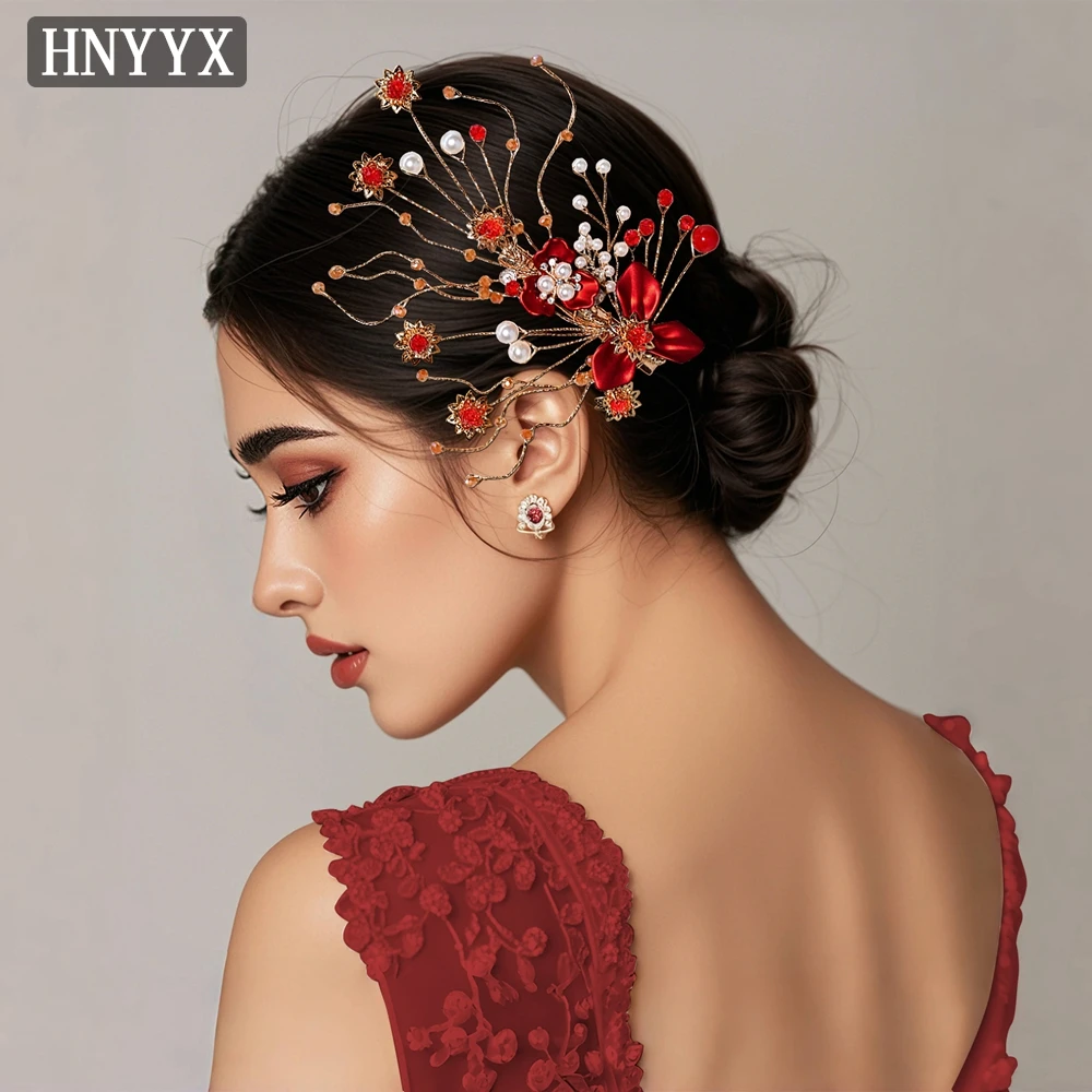 

HNYYX Chinese Style Bridal Hair Accessories Red Flowers Hair Clip Elegant Women's Hairpins Wedding Banquet Party Headwear A395