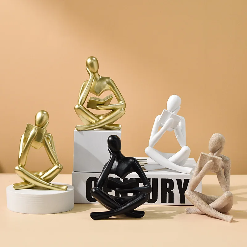 Abstract Reading Thinker Statue Nordic Modern Resin Sculpture, Desktop Bookshelf Decor Figurines for Living Room Study Room