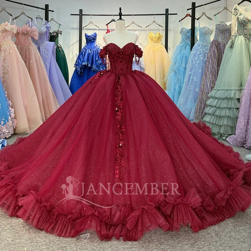 

Красное блестящее бальное платье Quinceanera Платья с открытыми плечами и аппликацией из кружева Многоуровневое тюлевое корсетное платье с бисером Вечеринка на день рождения Милое платье 16.