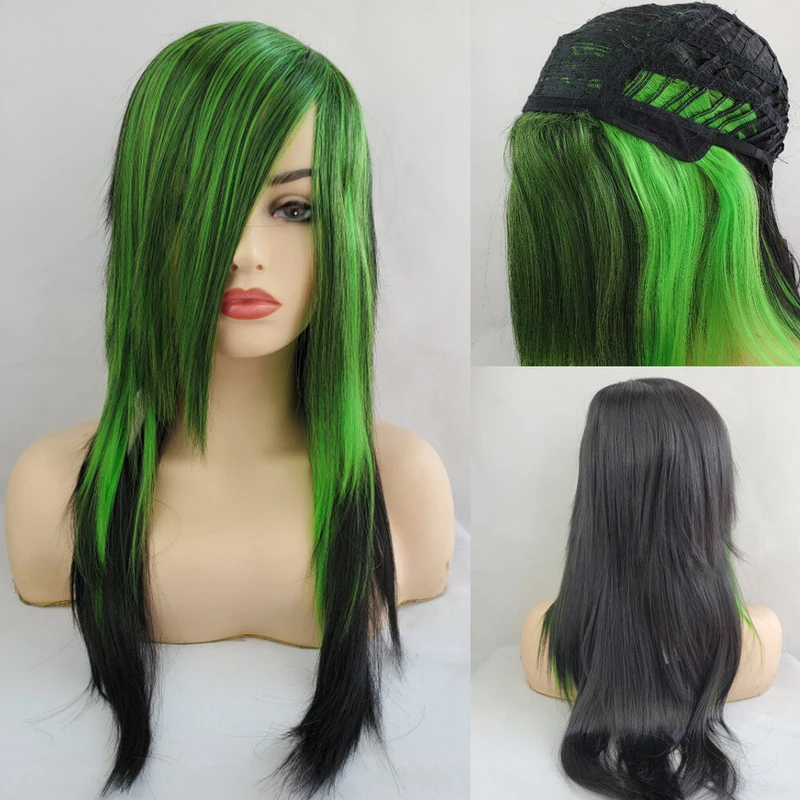 Cosplay Green Synthetic Wig Fiber Hair Long Straight Wig Ombre Black Green Wigs