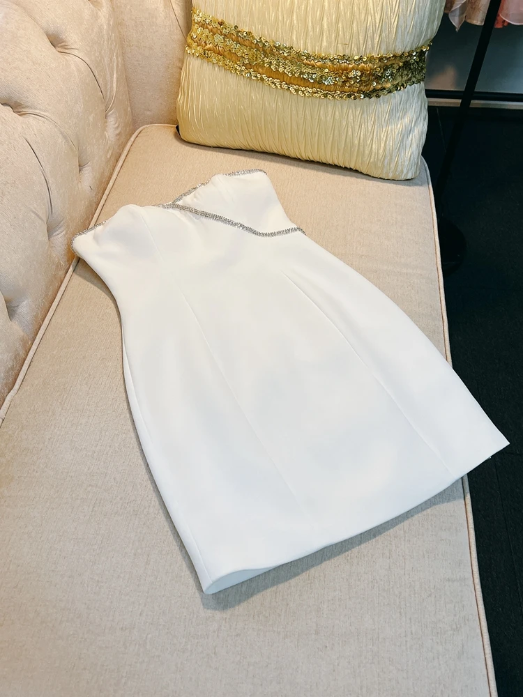 セクシーなストラップレス、ダイヤモンド装飾のレディースドレス、ボディコンスカート、ハイウエスト、Aライン、ショートドレス、ポリエステル繊維、ジッパー開閉