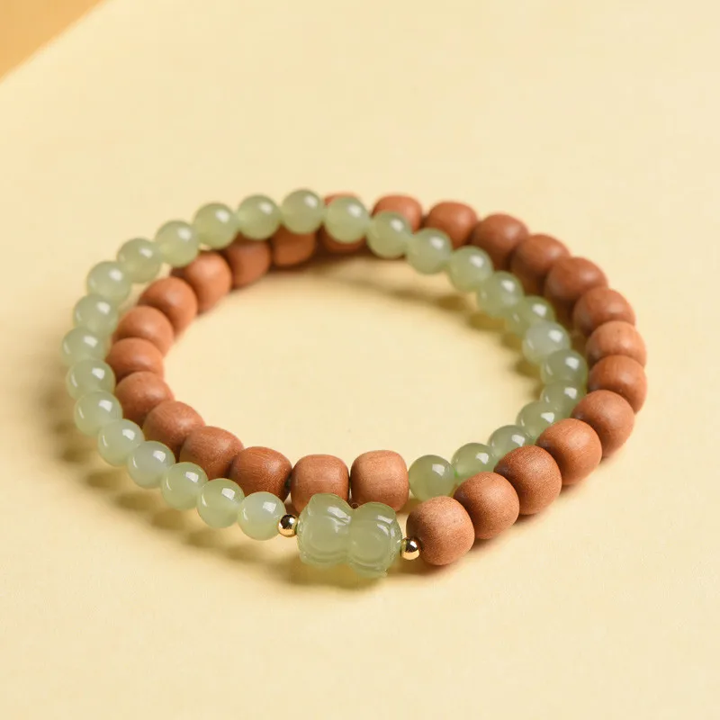 Natural Hetian Jade Twin Lotus Ring Bracelet Sandalwood Braided Handstring for Men and Women Gifts